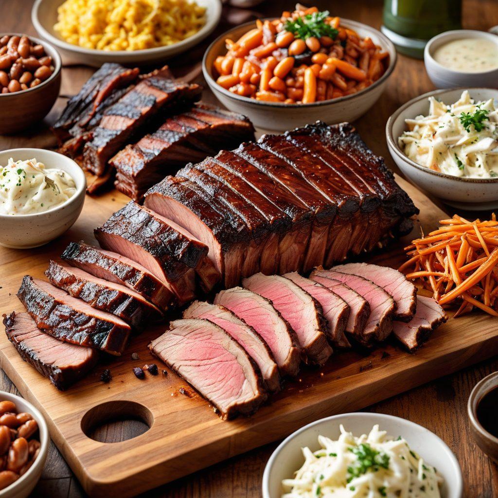 A mouthwatering close-up of perfectly smoked ribs and brisket on a rustic wooden cutting board, adorned with colorful garnishes and side dishes like coleslaw and baked beans. The background features a smoky barbecue grill with glowing coals, and a vibrant sunset casting warm light over the scene. Emphasize rich textures of the meat and vibrant colors of the sides. super-realistic. vibrant colors.