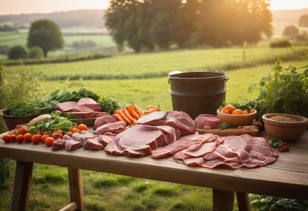 A rustic farm setting showcasing a variety of artisan meats displayed on a wooden table, surrounded by fresh vegetables, herbs, and a backdrop of rolling green fields. Include a butcher in traditional attire carefully preparing the meat, with warm, natural lighting highlighting the textures of the food. Add elements of sustainability, like a compost bin and a small garden, to emphasize ethical sourcing. vintage style. vibrant colors.